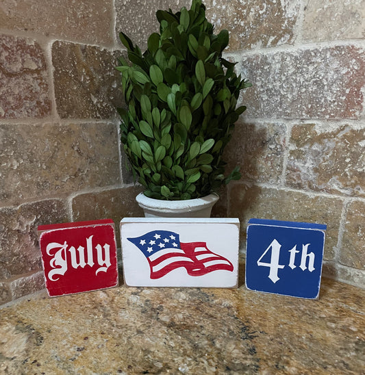 Independence Day 4th of July decor. Rustic handmade decorative wood blocks. 3pc set.