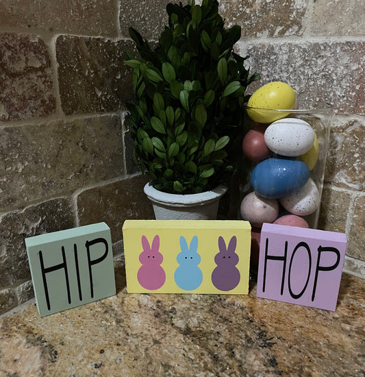 Easter decor. Peep. HIP HOP Easter bunny decor. Handmade decorative wood blocks. 3pc set.