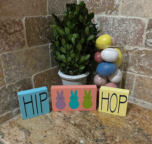 Easter decor. Peeps. HIP HOP Easter bunny decor. Handmade decorative wood blocks. 3pc set.