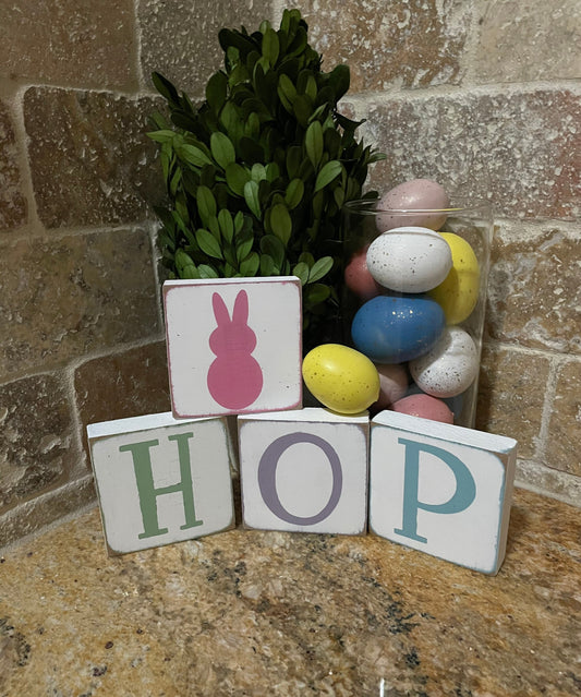 Easter decor. HOP Easter bunny decor. Handmade decorative wood blocks. 4pc set.