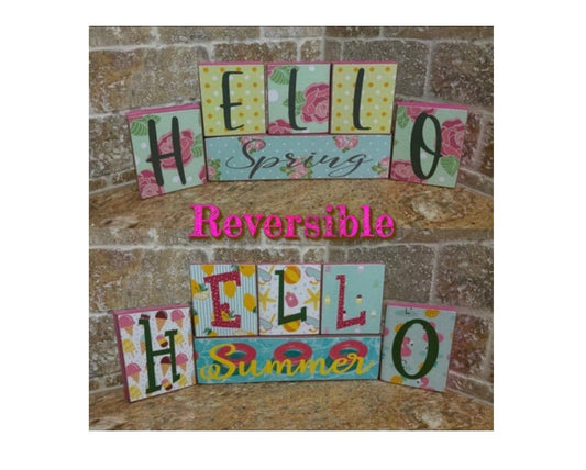 Spring decor. Reversible Hello Spring/Hello Summer decor. Rustic handmade decoupage decorative wood blocks. 6pc set.