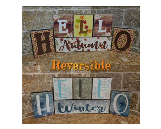 Reversible Hello Autumn/Hello Winter decor. Rustic handmade decoupage decorative wood blocks. 6pc set. FREE shipping!!