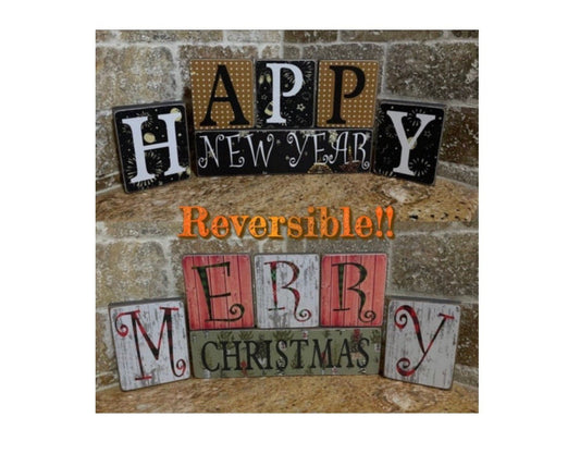 Christmas decor. Reversible Merry Christmas/Happy New Year decor. Rustic handmade decoupage decorative wood blocks. 6pc set.