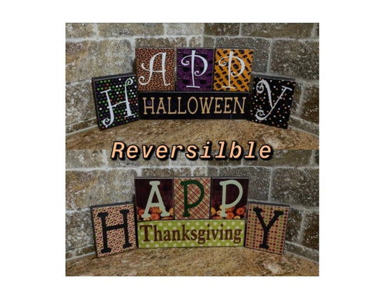 Thanksgiving decor. Halloween decor. Rustic handmade reversible decoupage decorative wood blocks. 6pc set.