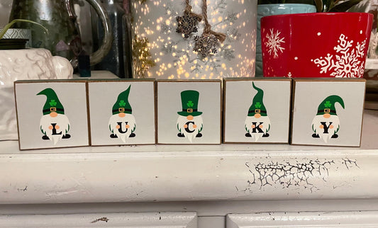 St. Patrick’s Day Decor. Rustic handmade lucky Gnome decorative mini wood blocks. 5pc set.