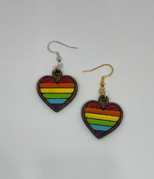 Earrings. Heart. Rainbow. Pride. Handmade rainbow heart laser cut wood earrings. Lightweight. Sterling silver.