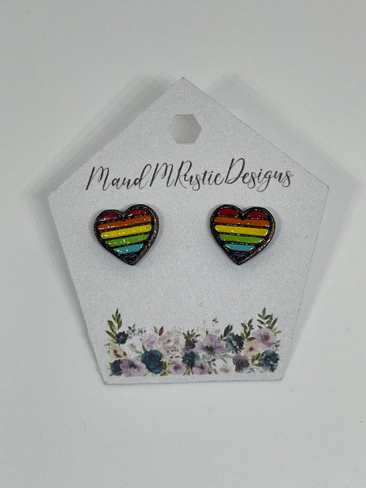 Earrings. Studs. Handmade rainbow heart laser cut wood stud earrings. Pride. Heart. Lightweight. Sterling silver.