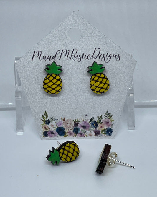 Earrings. Studs. Pineapple. Handmade pineapple laser cut wood stud earrings. Lightweight. Sterling silver.