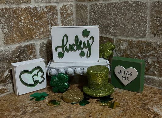 St. Patrick’s Day Decor. Rustic 3D laser cut handmade decorative wood blocks. Tiered tray decor