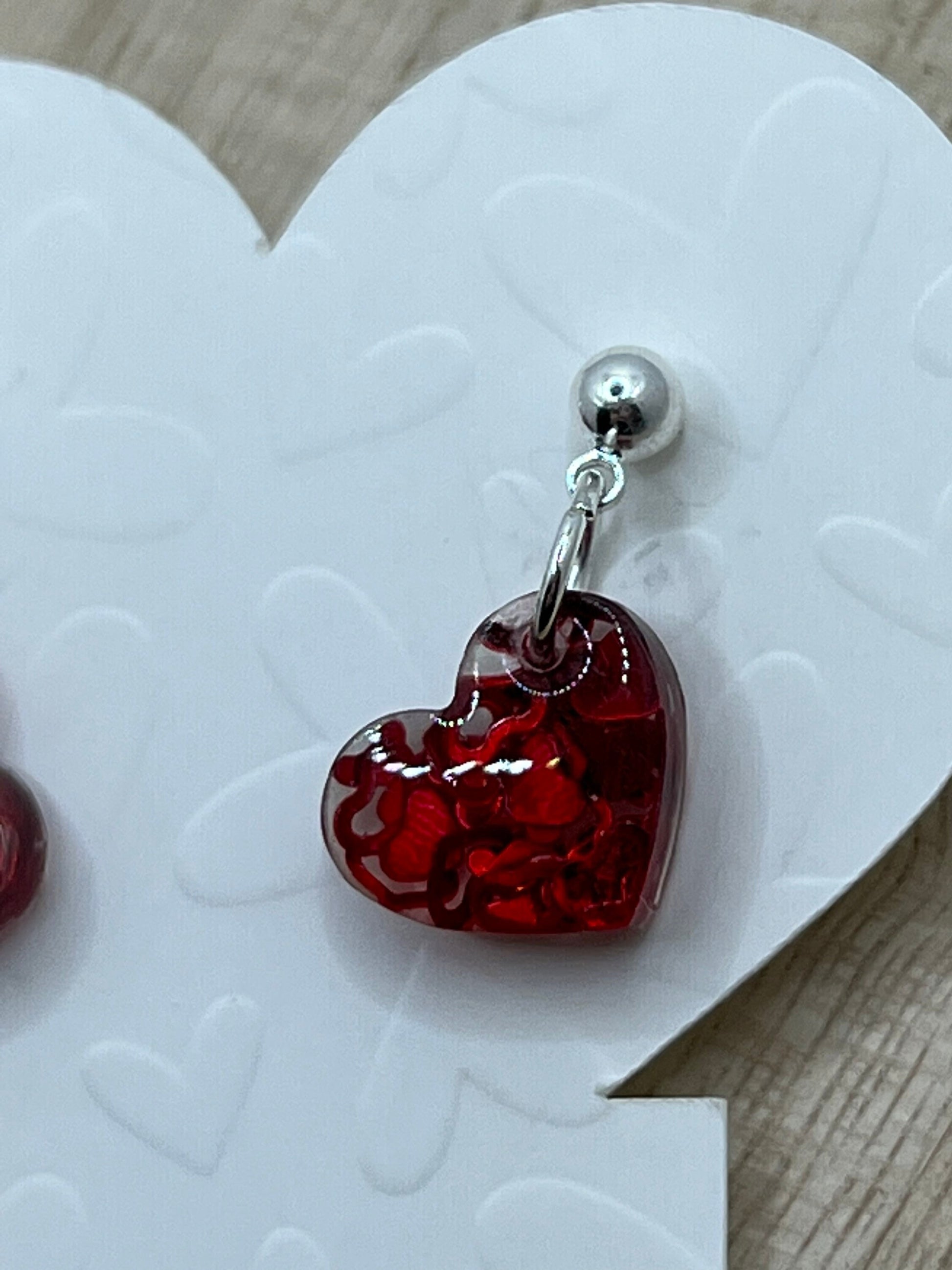 Heart Flower Earrings, Red Heart Earrings, Valentines Earrings