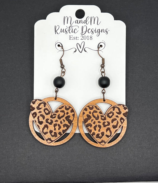 Earrings. Handmade heart laser cut dangle/drop pierced earrings. Wood/Beaded.